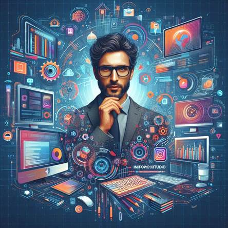 Crea un'immagine che rappresenti Giovanni Santini e il suo studio Infoprostudio, evidenziando il tema dell'innovazione tecnologica e dei lavori svolti. Mostra Giovanni come figura centrale in un ambiente moderno di lavoro digitale, circondato da elementi che richiamano la progettazione informatica, la consulenza tecnica e la produzione multimediale. Inserisci dettagli come schermi, dispositivi digitali, progetti software e simboli di collaborazione. Utilizza colori luminosi e uno stile professionale e contemporaneo, trasmettendo un'atmosfera di creativit&agrave;, competenza e visione futuristica. L'immagine deve comunicare passione per la tecnologia, attenzione alla personalizzazione e impatto positivo nel settore IT italiano.